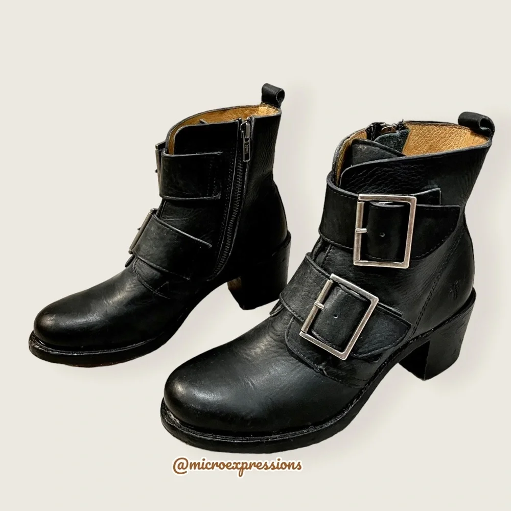 Frye Sabrina Double Buckle Vintage Academia Black Leather Block Heel Ankle Boot - Picture 16 of 16